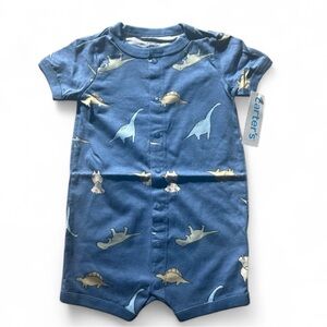 Carter’s Boys 18 Months Romper Dinosaur Print Blue NWT Short Sleeve Snap Outfit